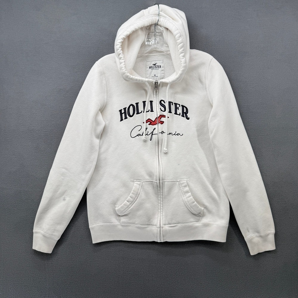 Hollister Womens White Full Zip Logo Hoodie California Seagull Size M